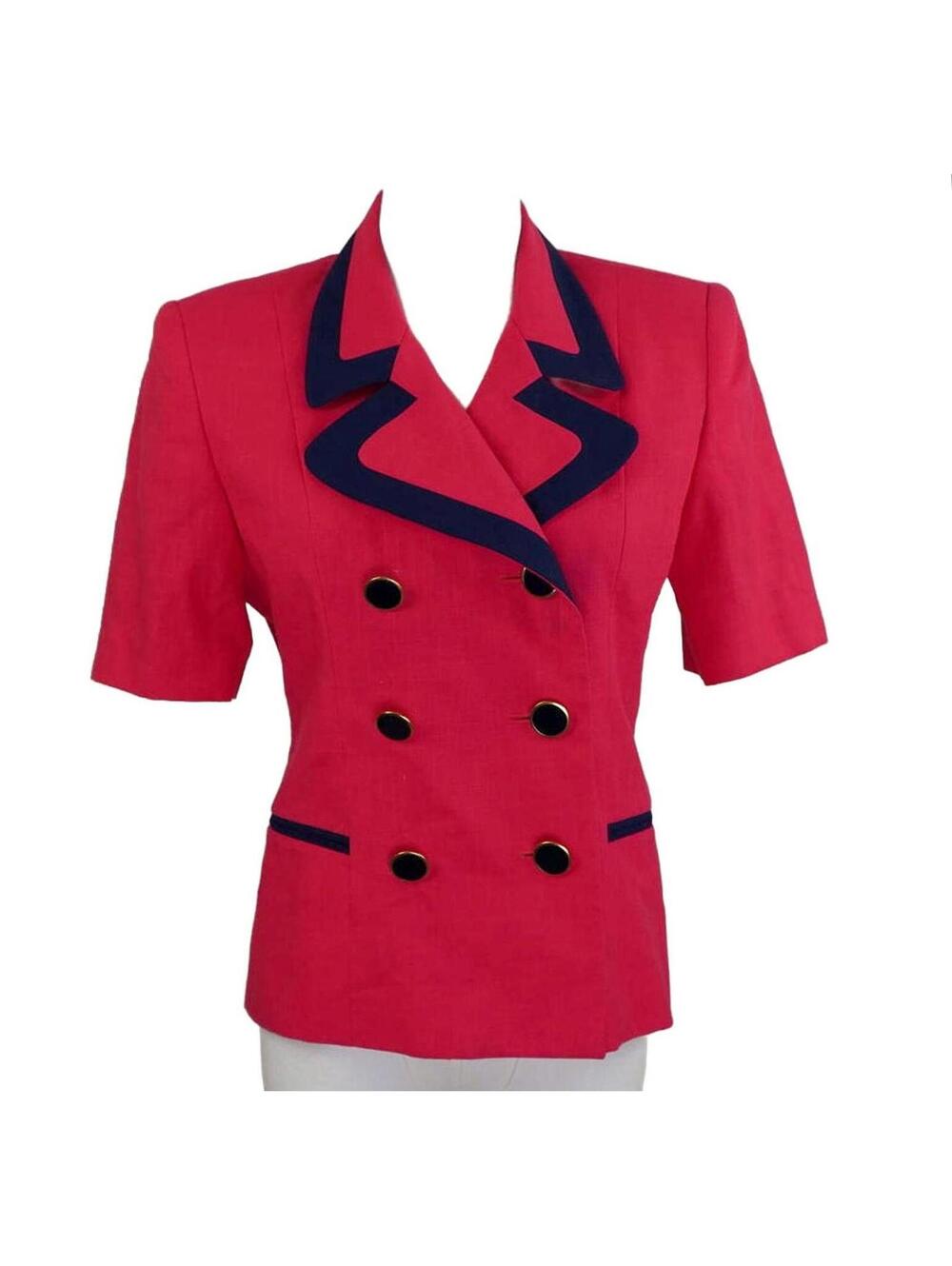 Vintage Oleg Cassini Red Navy Blazer Size 2 Double Breasted 80s 90s Shoulder Pad